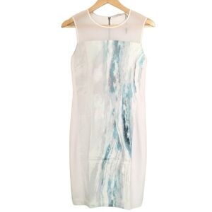 T Tahari White Blue Abstract Dress Sleeveless Sheath Dress Size 4 Small